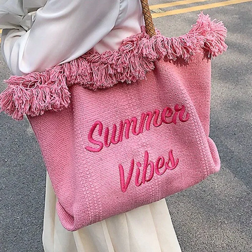 Pink Vacation Women's Large Capacity Letter & Tassel Canvas Tote Bag